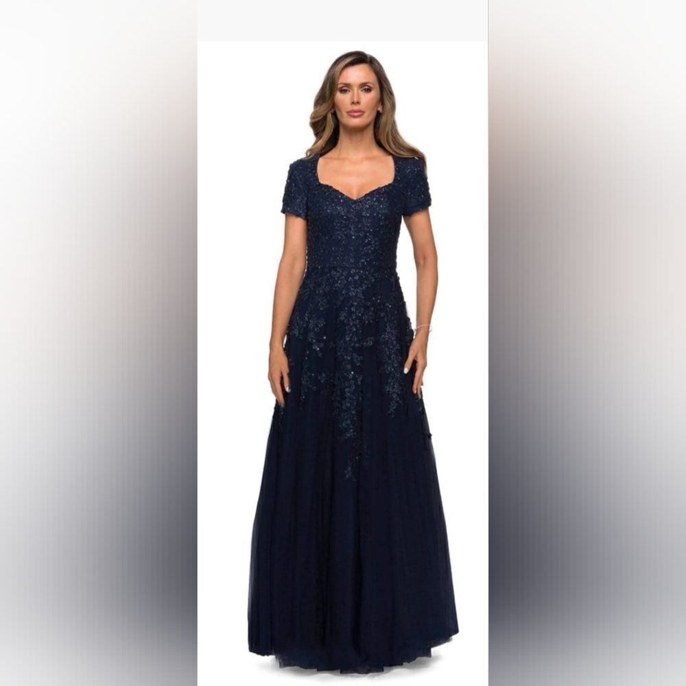 La Femme 28037 Short Sleeve Beaded Appliqued Lace Dress NWT size 12 Navy Blue